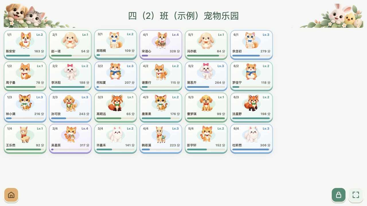 课堂白板真实截图：演示班级的学生姓名、宠物、积分和成长进度